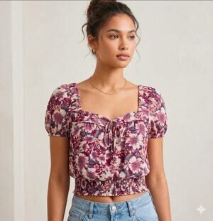 NwT A Byer Floral Puff Sleeve Smocked Hem Blouse small
